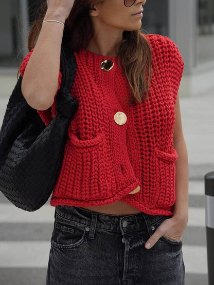 Cardigan Corto Smanicato Donna in Maglia con Tasche