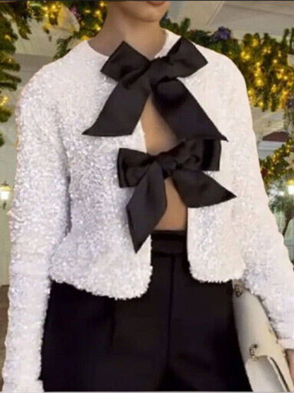 Giacca Donna con Paillettes e Chiusura a Fiocco Elegante