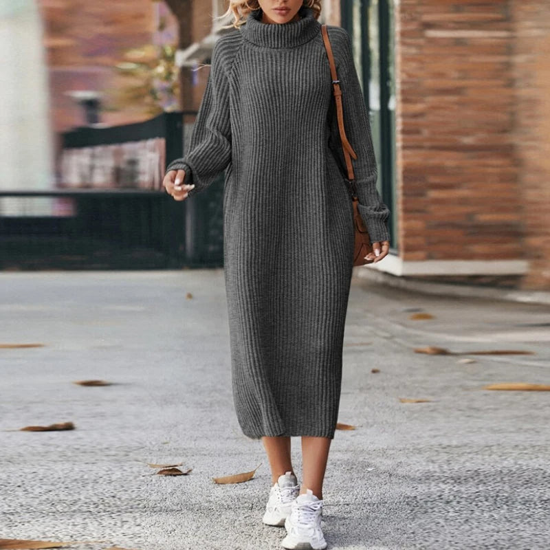 Abito Midi Donna Maglia Manica Lunga Collo Alto
