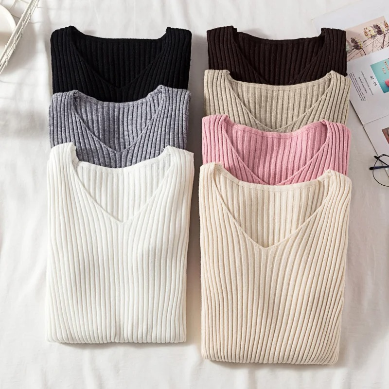 Maglione Donna Scollo a V Coste Vestibilità Slim