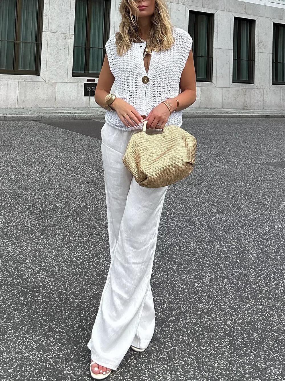 Cardigan Corto Donna Senza Maniche in Maglia con Tasche