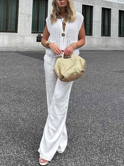 Cardigan Corto Donna Senza Maniche in Maglia con Tasche