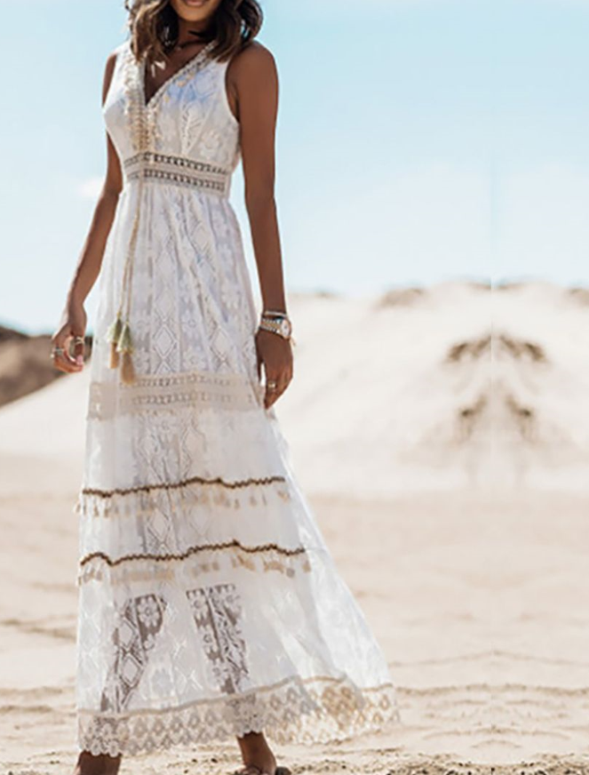 Abito Maxidress Donna Boho Scollo a V Pizzo
