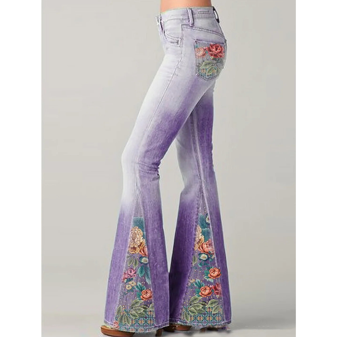 Jeans Donna con Ricamo Floreale Gamba Svasata