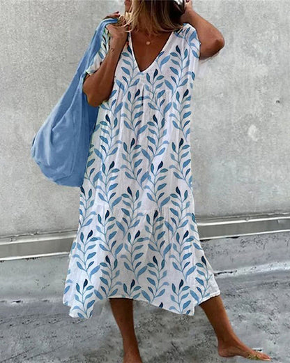 Abito Midi Donna Scollo a V Stampa Foglie Estivo