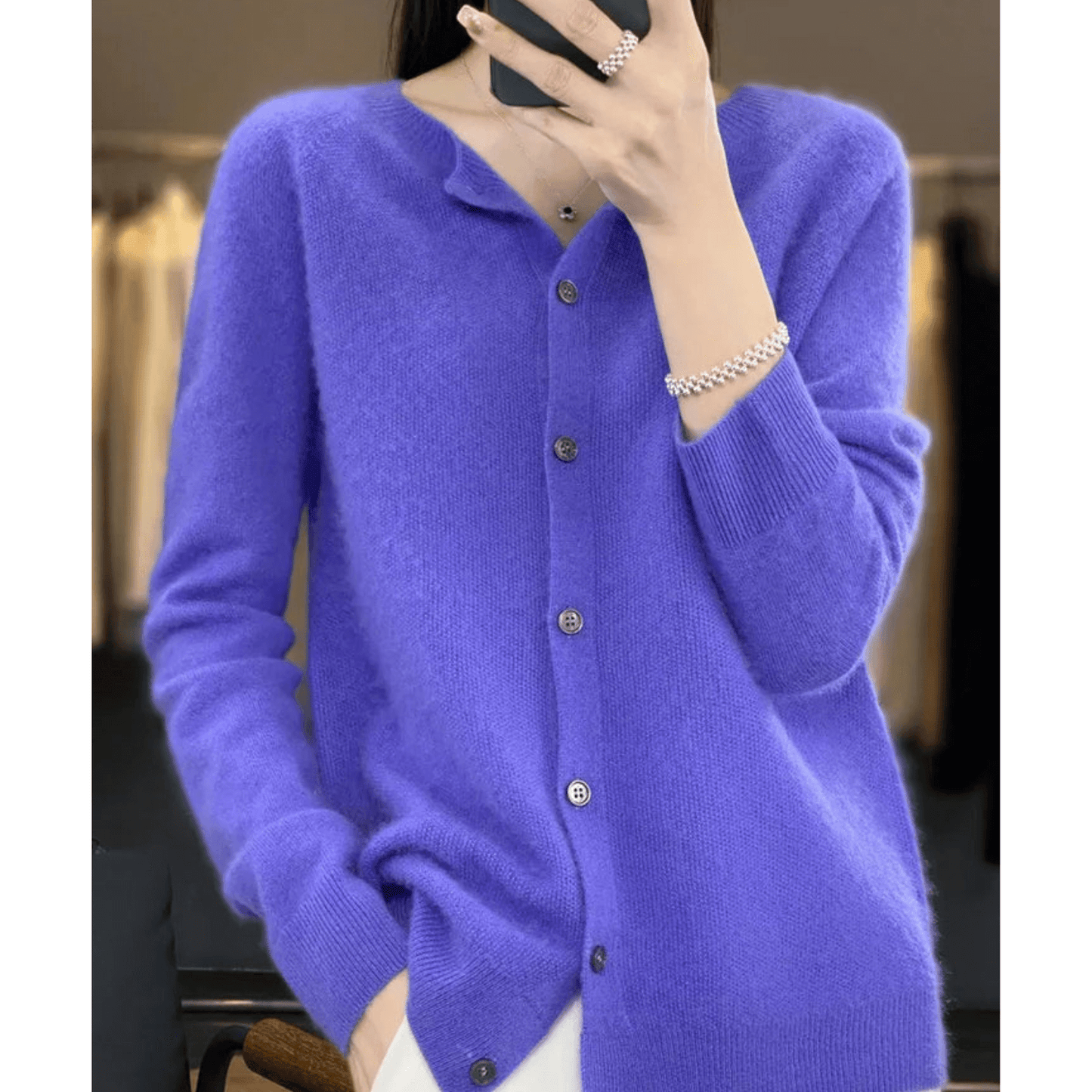 Cardigan Donna Maglia Fina Scollo Tondo Effetto Lana