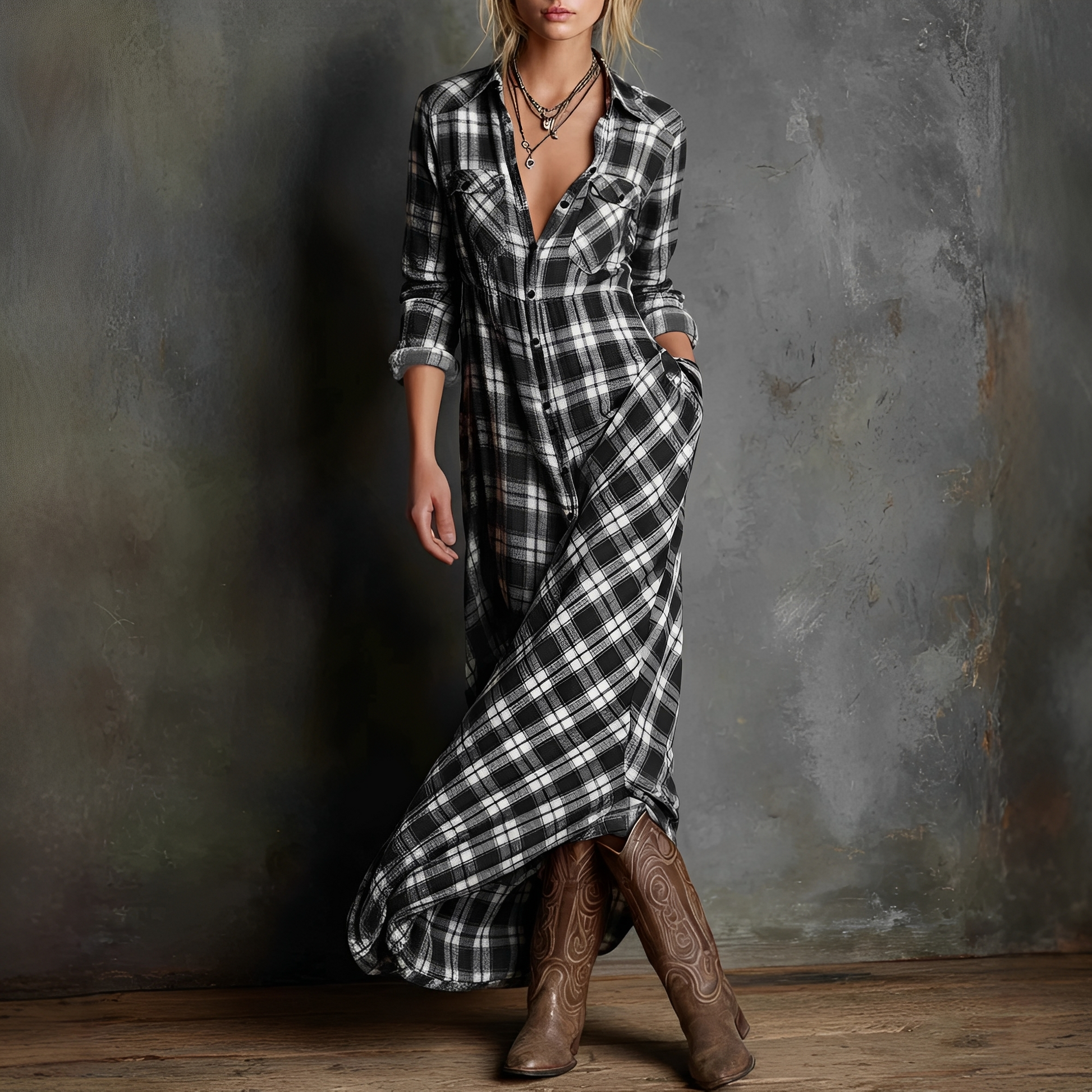 Abito Casual Donna con Rever Quadrettato - Brentozzi