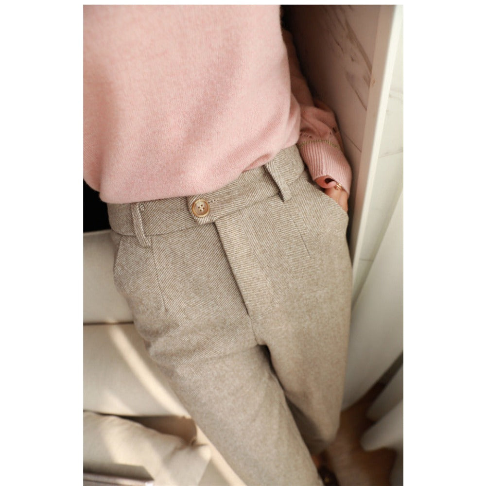 Pantaloni Donna Tessuto Spina di Pesce Vita Alta Slim