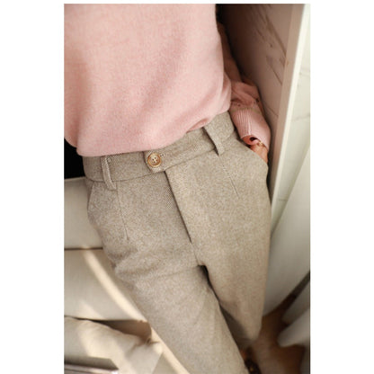 Pantaloni Donna Tessuto Spina di Pesce Vita Alta Slim