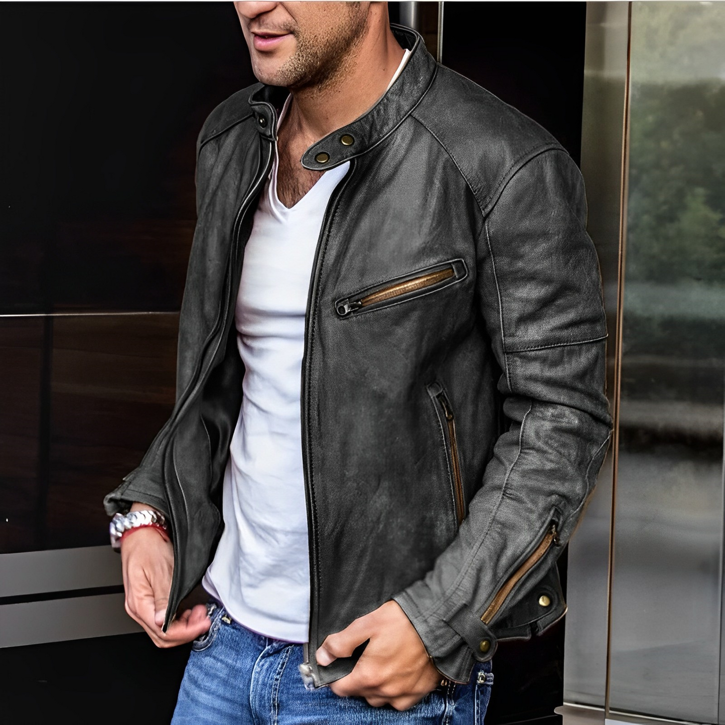 Giacca Uomo in Pelle Stile Classico Vestibilità Regolare