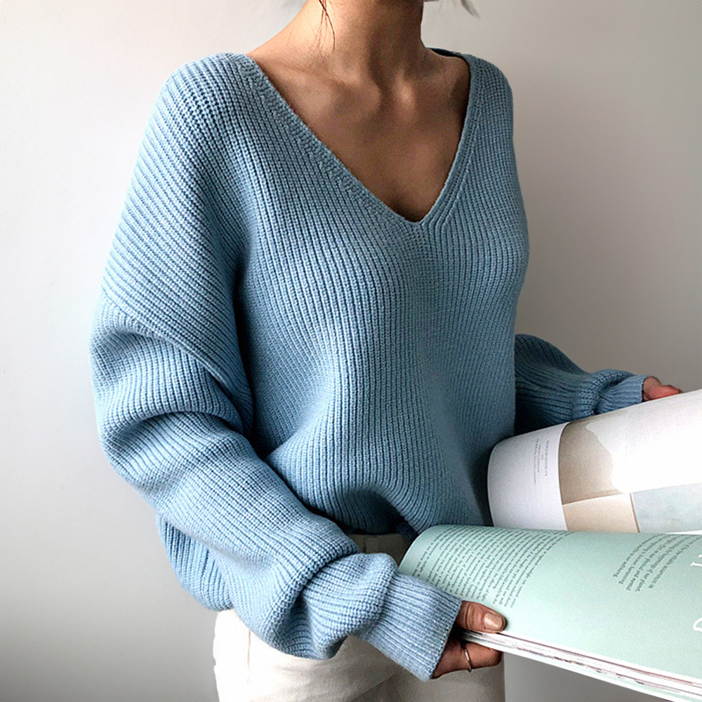 Maglione Donna Scollo a V Tessuto Morbido Maniche a Sbuffo