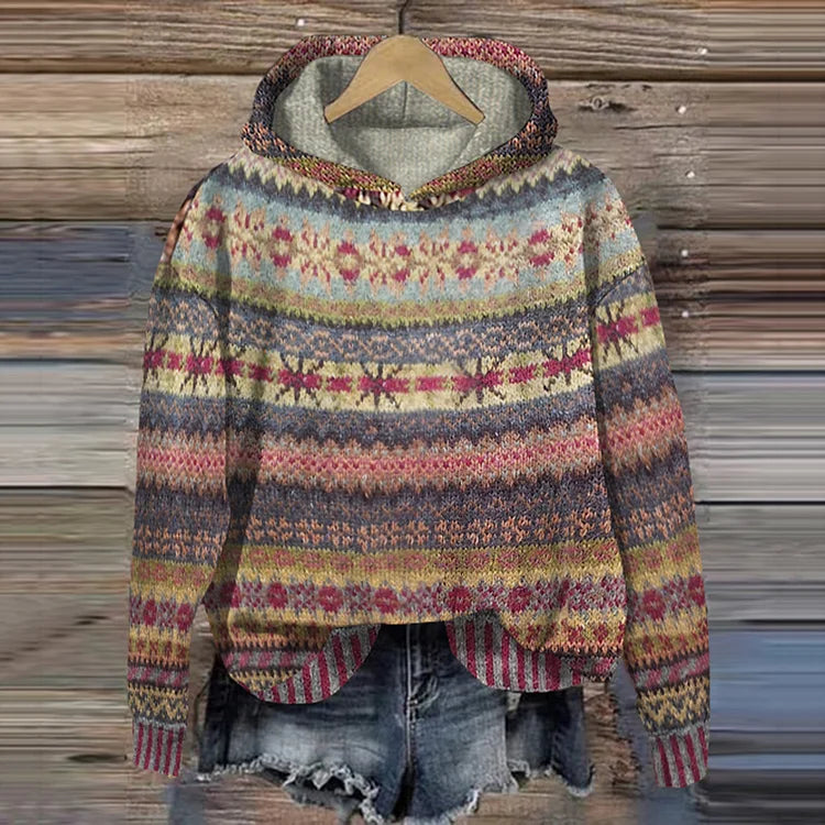 Felpa Donna Maglia con Cappuccio Motivo Norvegese Morbida Calda