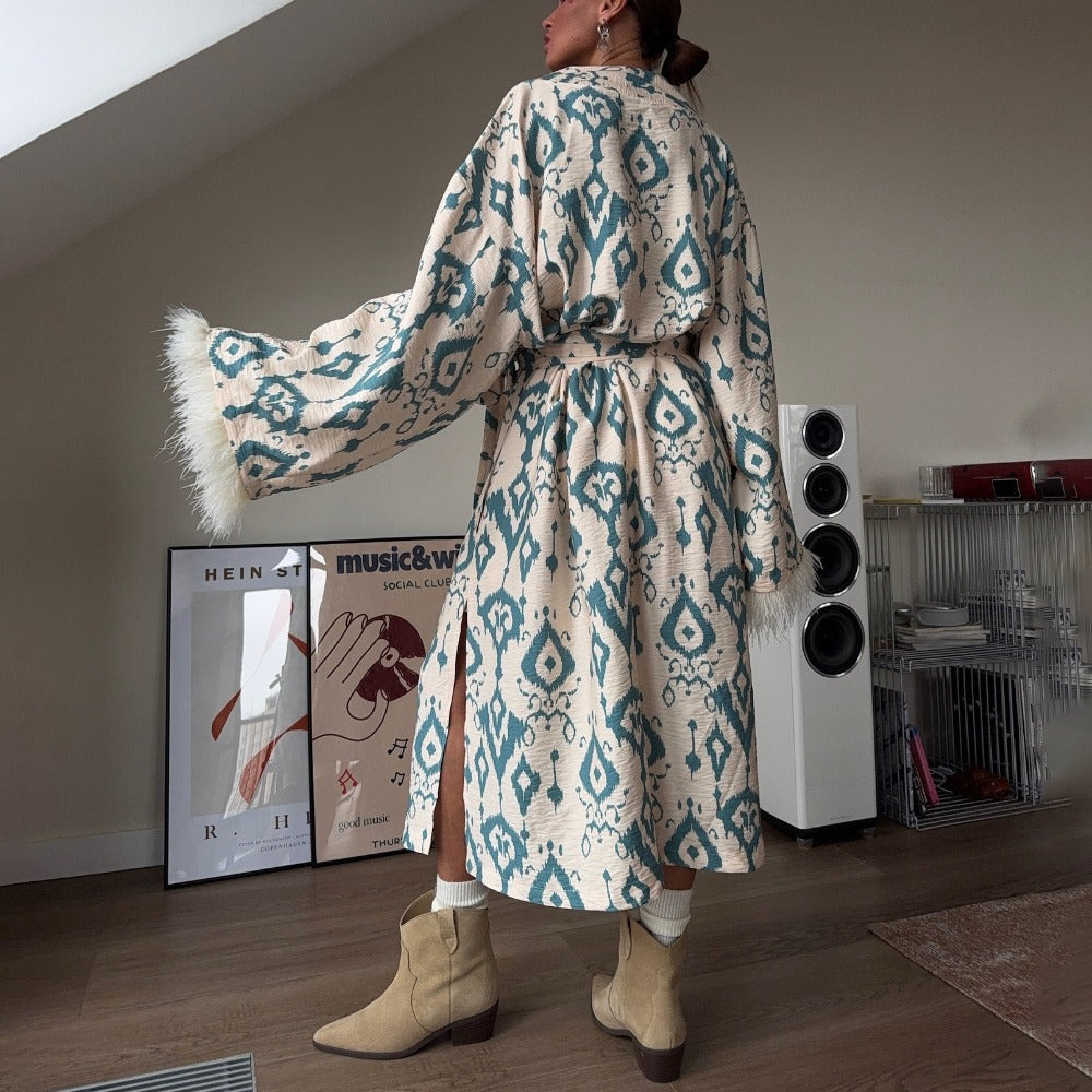 Kimono Maxicappotto Donna Stampa Leggera Manica a Piuma