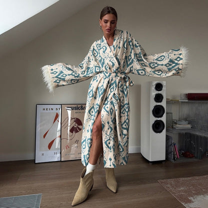 Kimono Maxicappotto Donna Stampa Leggera Manica a Piuma