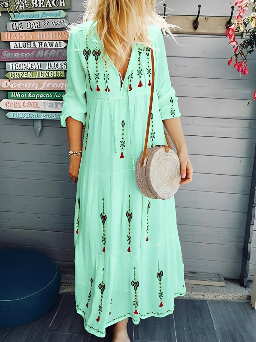 Abito Boho Donna in Jeans Scollo a V Floreale
