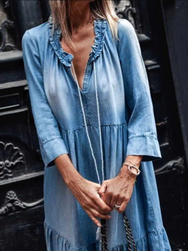 Abito Lungo Donna in Cotone Lavato Stile Casual