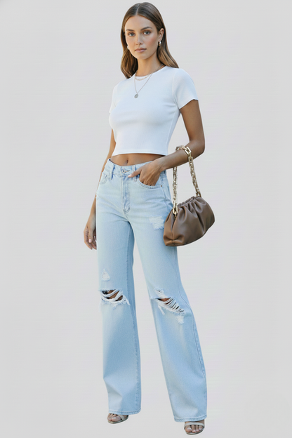 Jeans Donna Vita Alta Strappati Largo