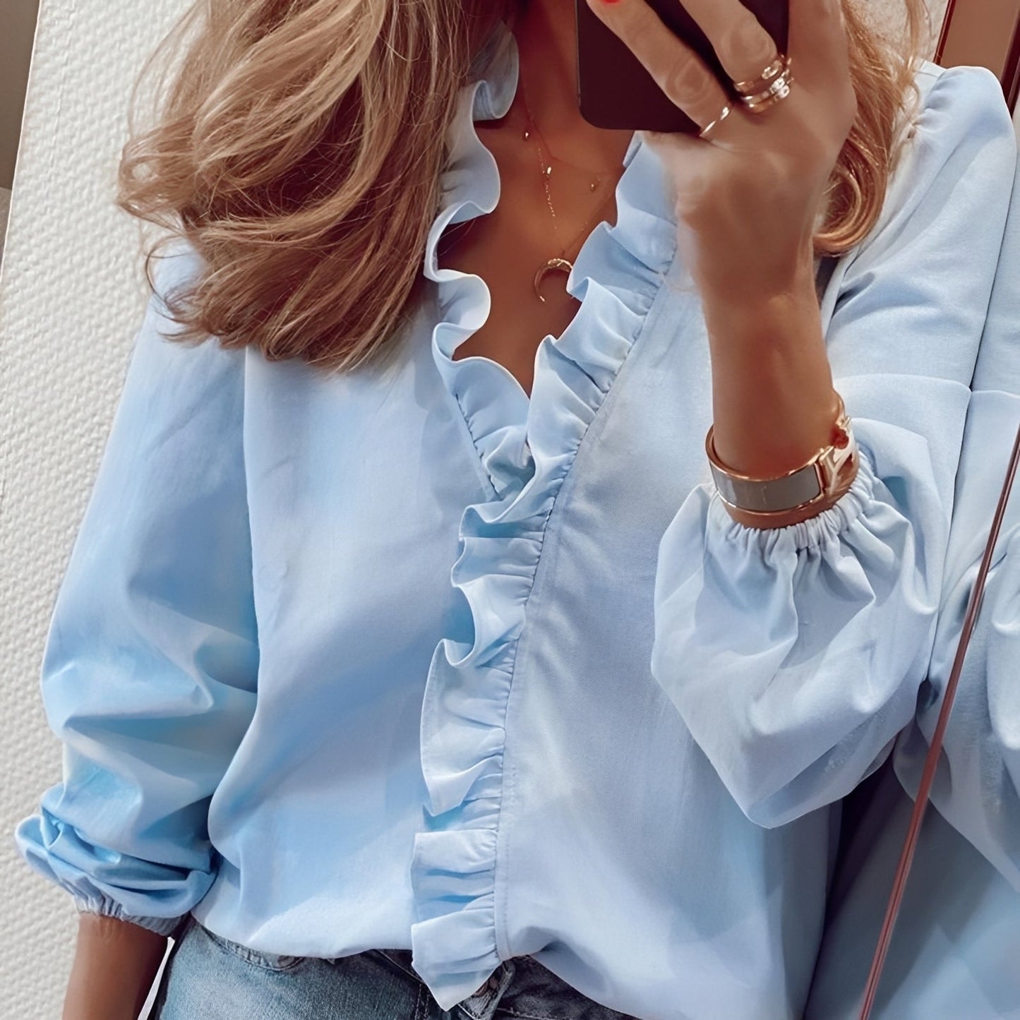 Blusa Donna in Viscosa con Scollo a V e Ruches