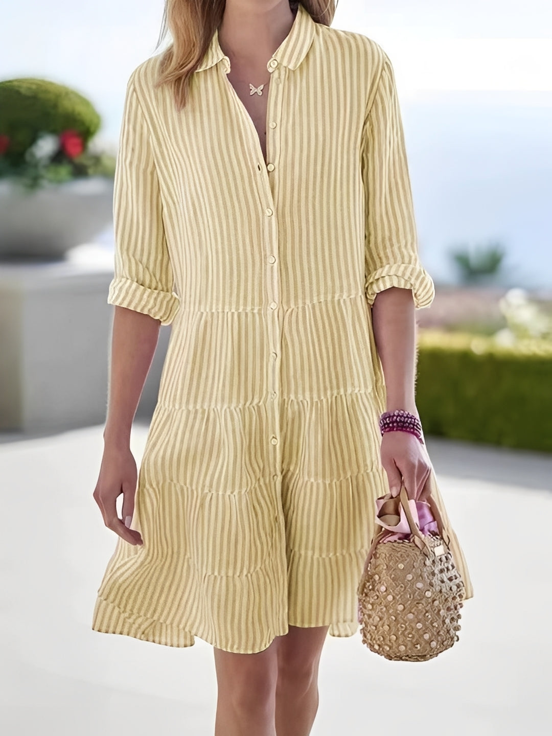 Abito Donna a Righe Casual con Colletto a Revers