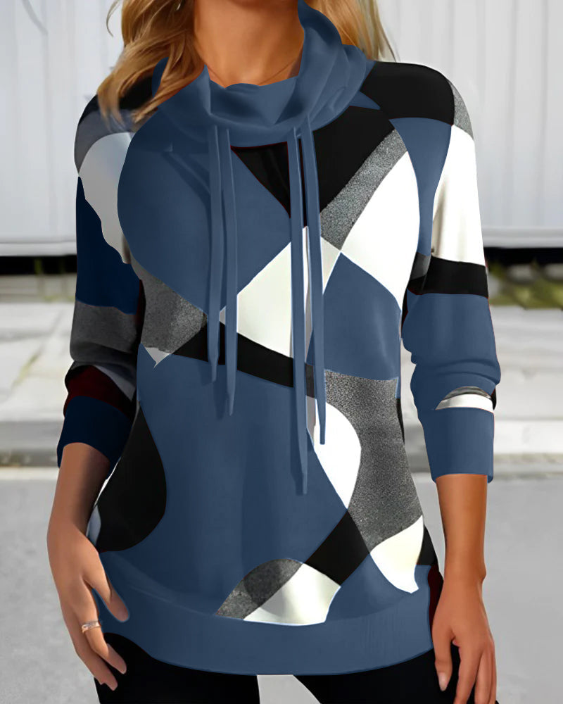 Maglione Donna con Stampa Geometrica e Collo a Sciarpa