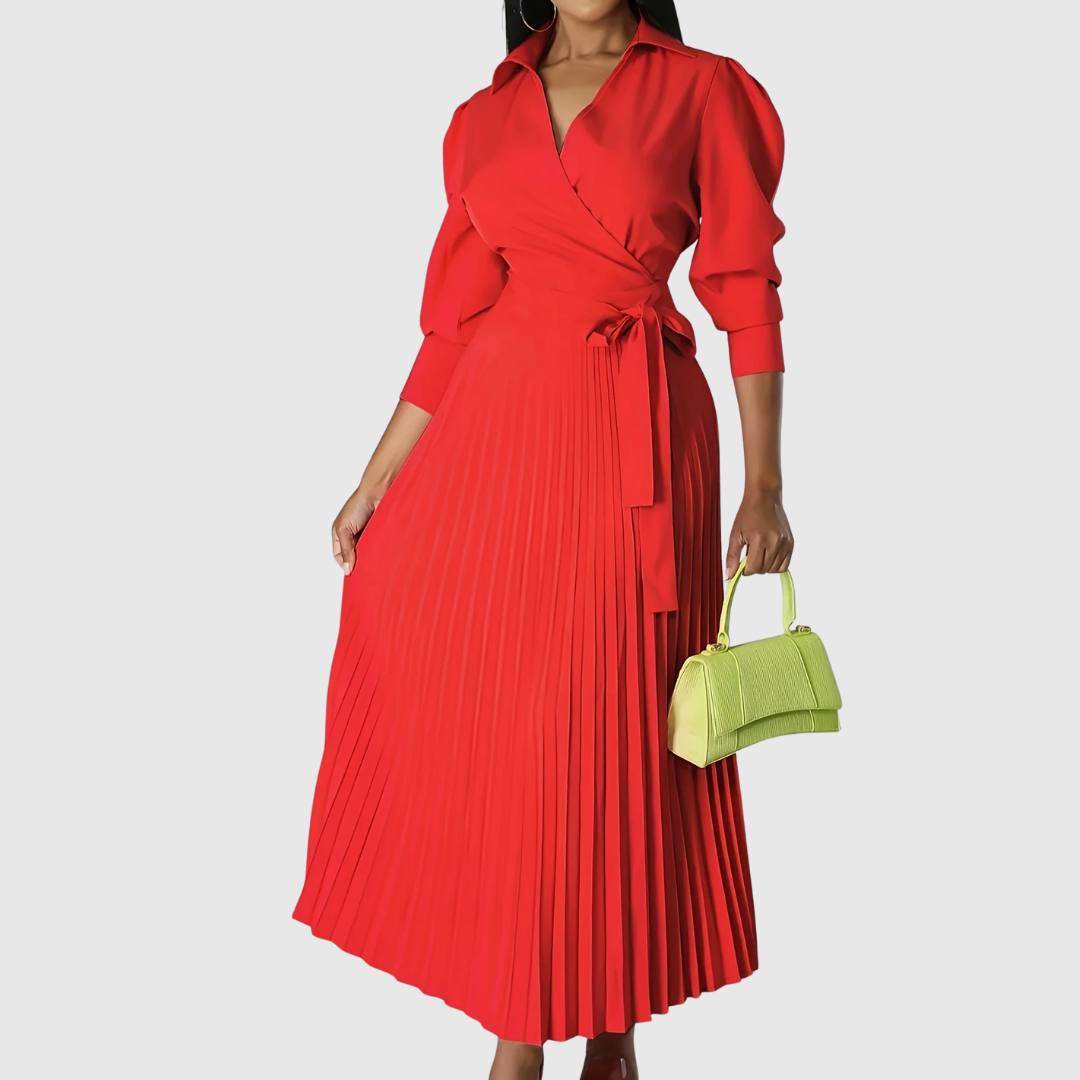 Abito Midi Donna Scollo a V Dettaglio Plissé