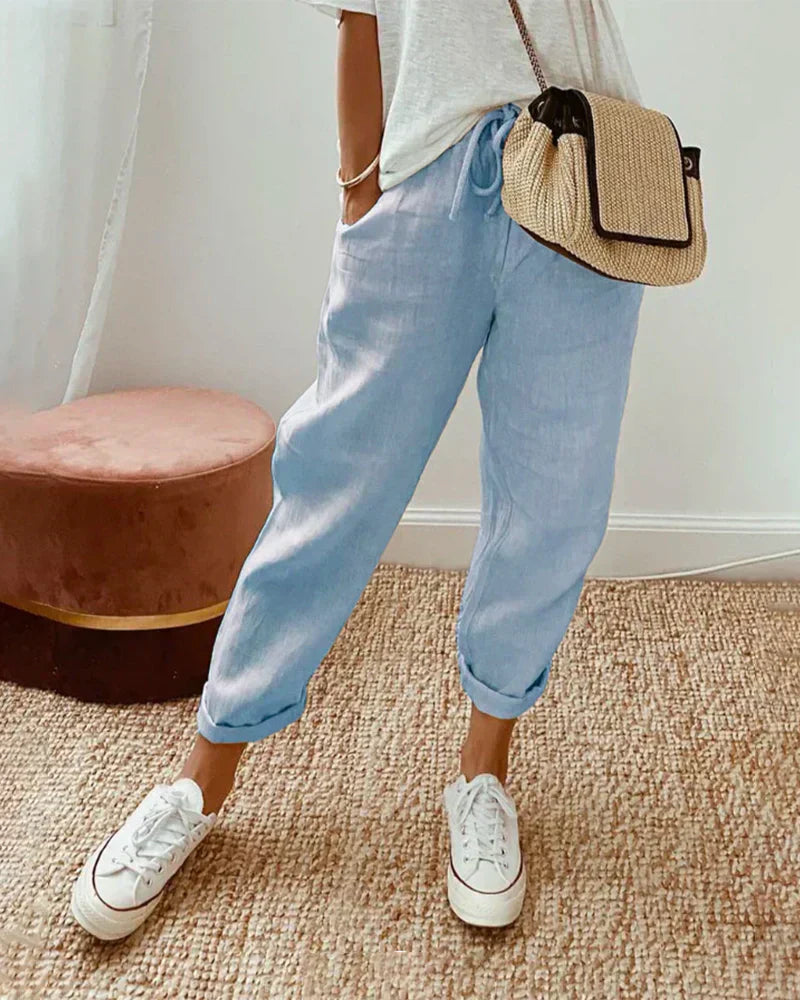 Pantaloni Lino Donna Vita Elastica Vestibilità Ampia