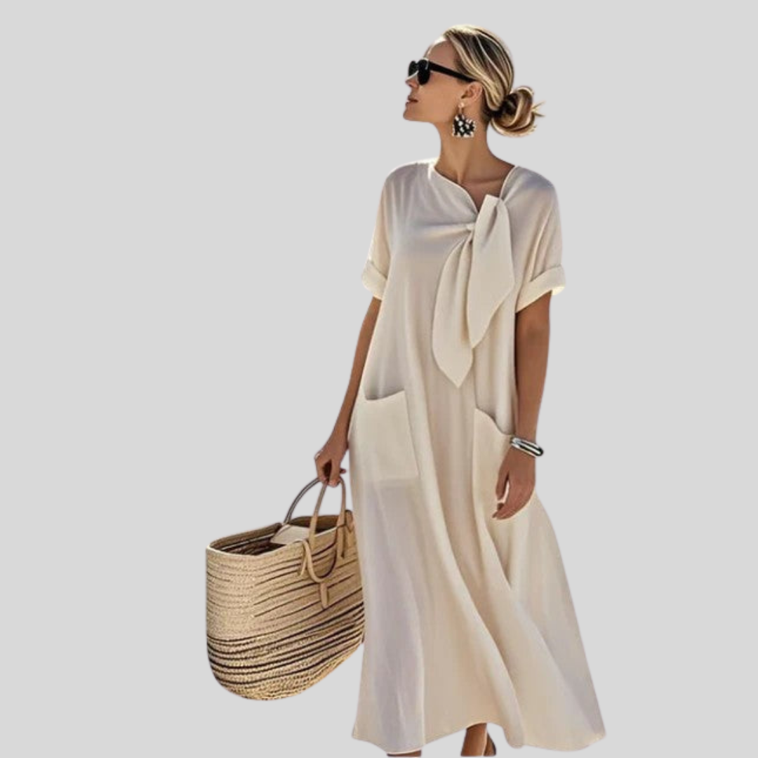 Abito Midi Donna Tasche Scollo con Laccio Vestibilità Larga