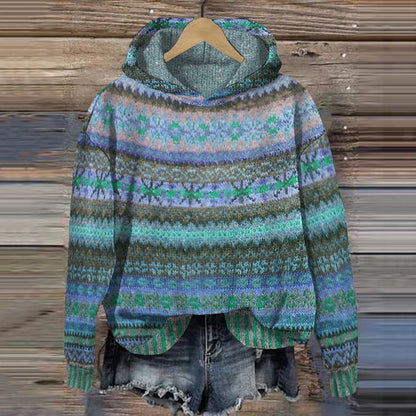 Felpa Donna Maglia con Cappuccio Motivo Norvegese Morbida Calda