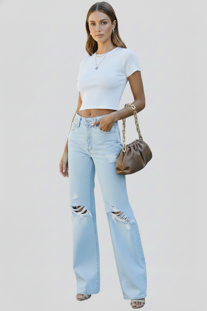 Jeans Donna Vita Alta Gamba Larga Strappi
