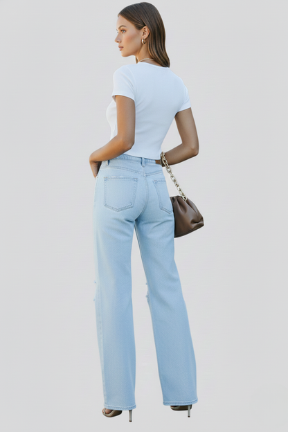 Jeans Donna Vita Alta Gamba Larga Strappi