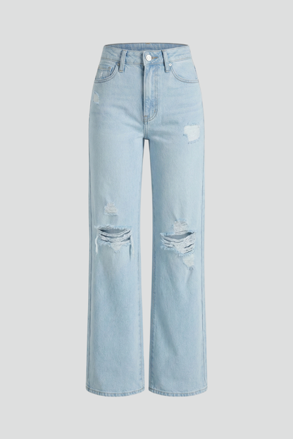 Jeans Donna Vita Alta Gamba Larga Strappi - Brentozzi