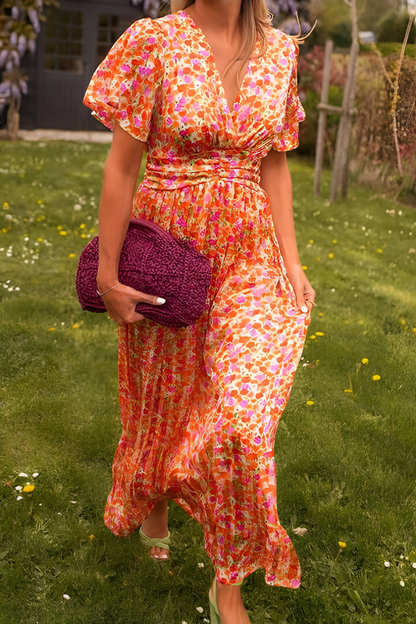 Abito Maxi Donna con Stampa Floreale Manica Corta