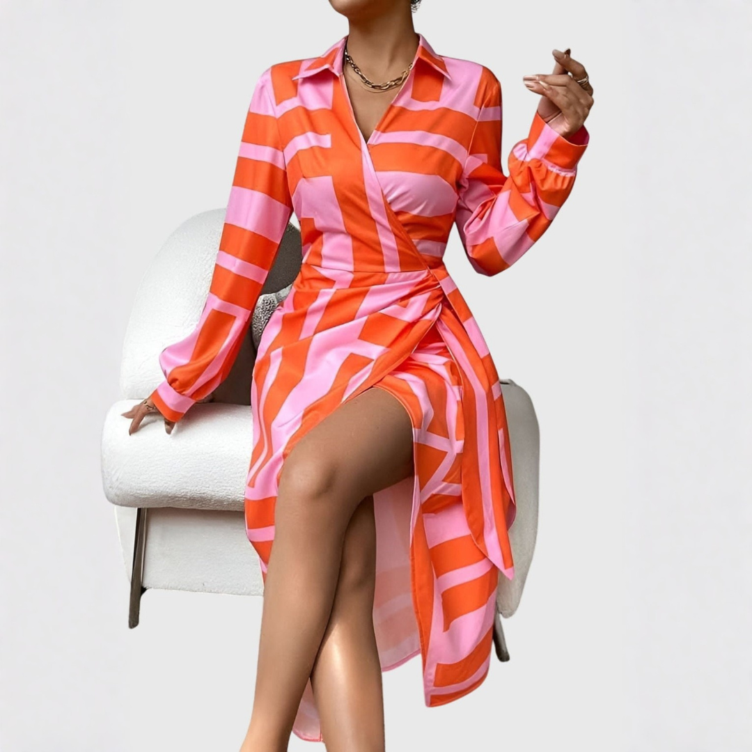 Abito Midi Donna a Righe Stile Portafoglio