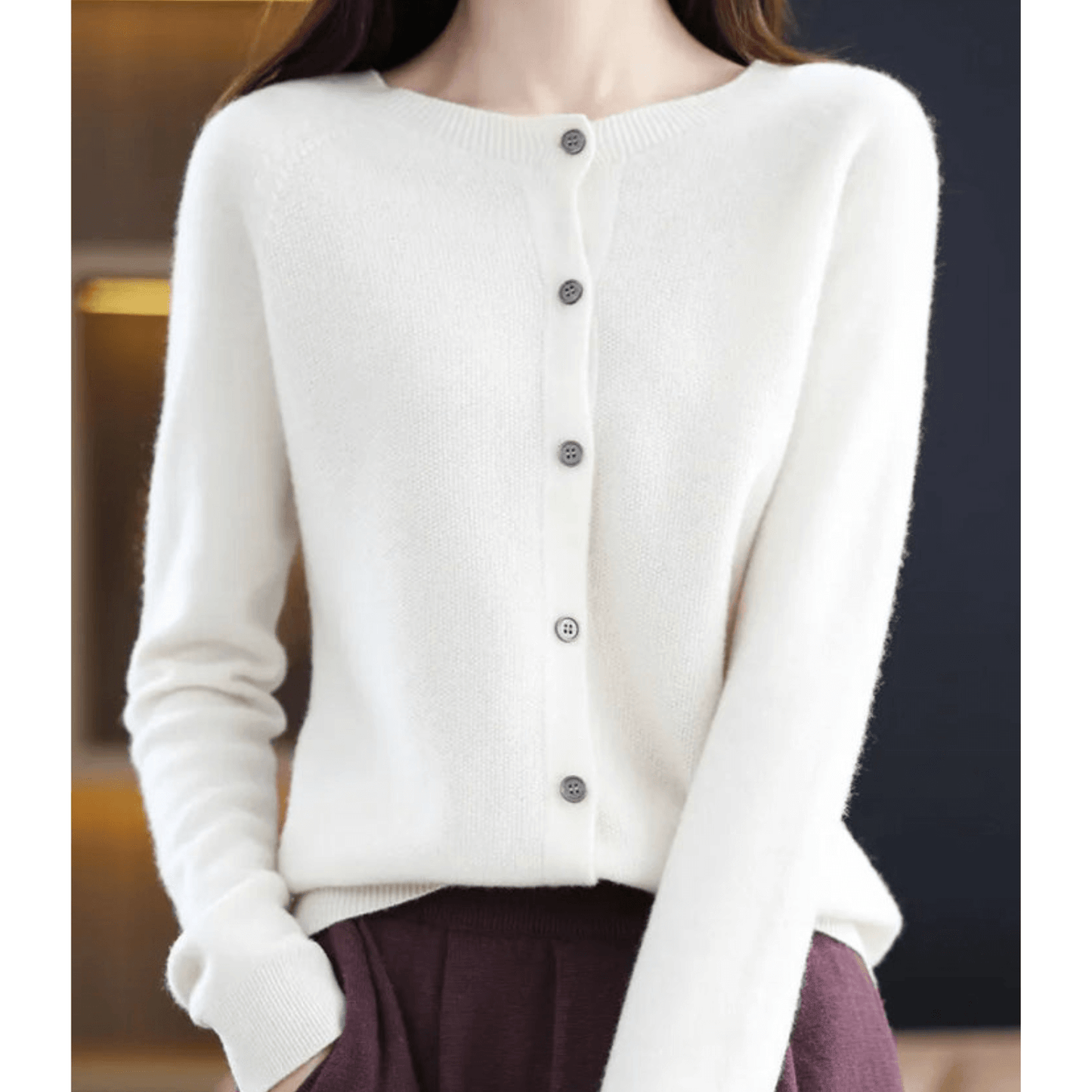 Cardigan Donna Maglia Fina Scollo Tondo Effetto Lana