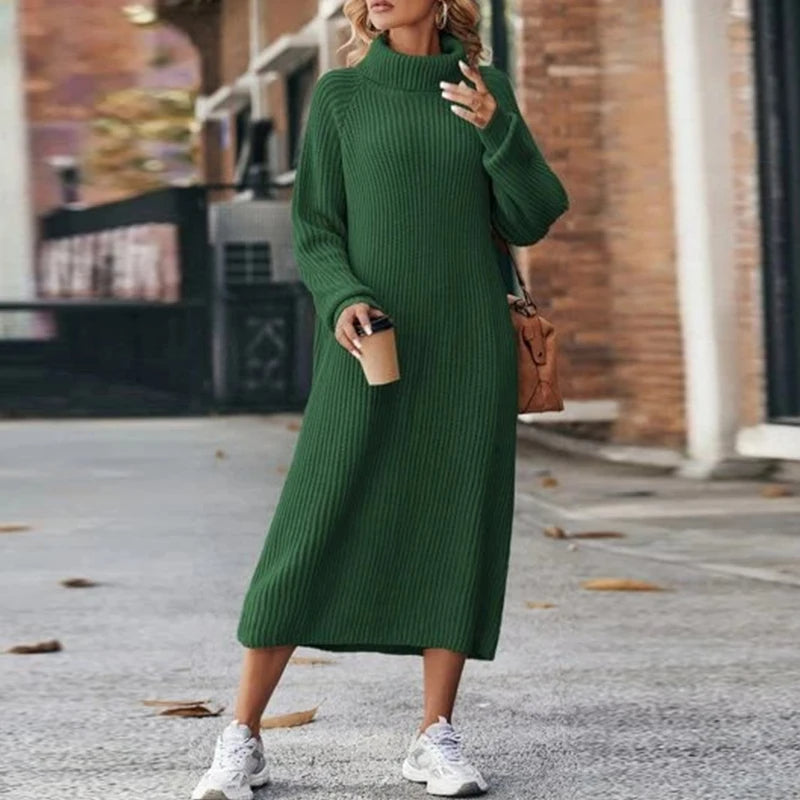 Abito Midi Donna Maglia Manica Lunga Collo Alto