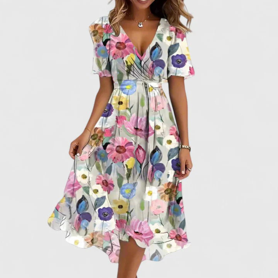 Abito Midi Donna con Scollo a V e Stampa Floreale