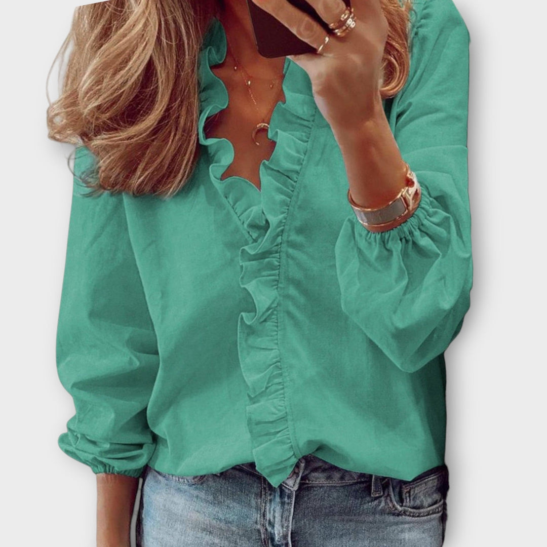 Blusa Donna Manica Lunga Scollo a V con Ruches