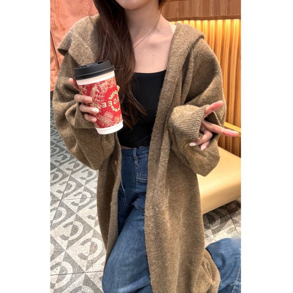 Cardigan Lungo Donna in Maglia con Cappuccio