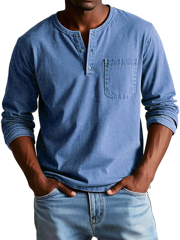 Maglia Henley Uomo Manica Lunga con Tasche sul Petto