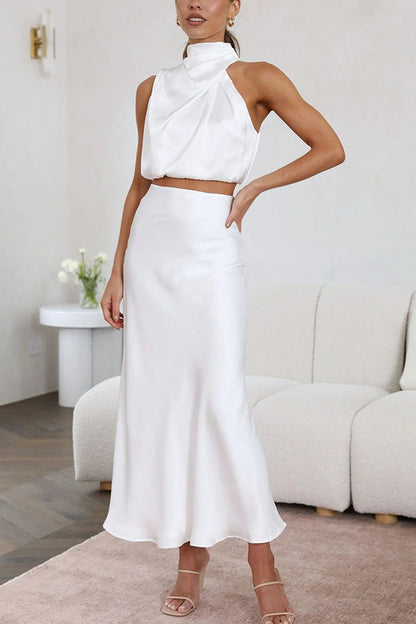 Set Gonna Lunga Donna in Satin Scollo Allacciato