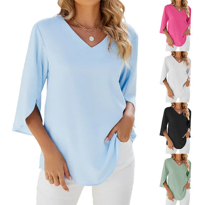 Blusa Donna in Chiffon Manica Corta Scollo a V