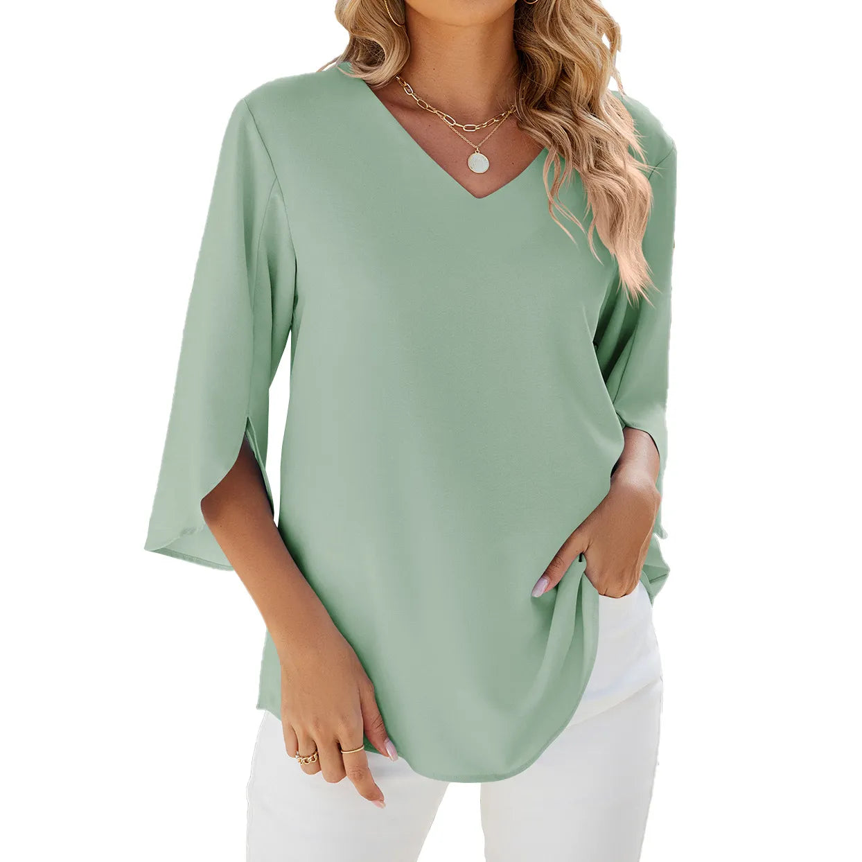 Blusa Donna in Chiffon Manica Corta Scollo a V