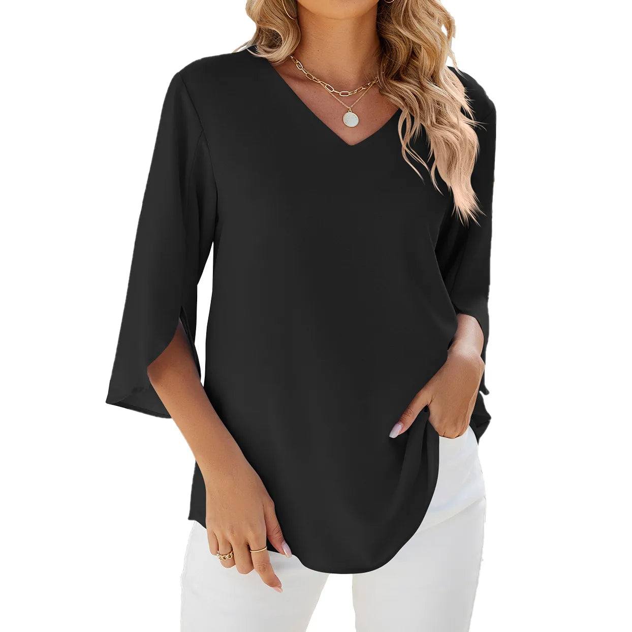 Blusa Donna in Chiffon Manica Corta Scollo a V