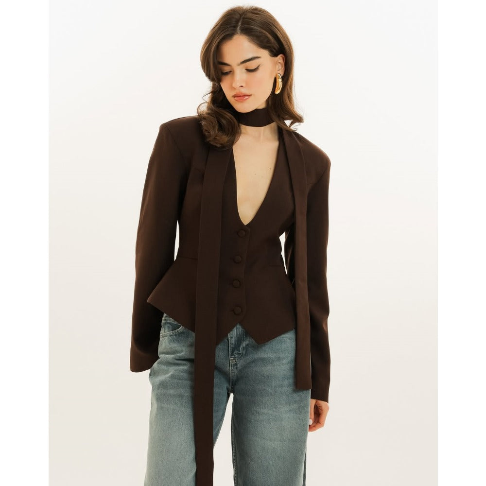 Blazer Donna Manica Lunga con Sciarpa Elegante