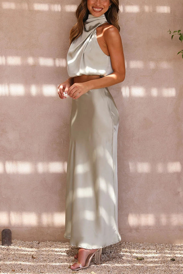 Set Gonna Lunga Donna in Satin Scollo Allacciato