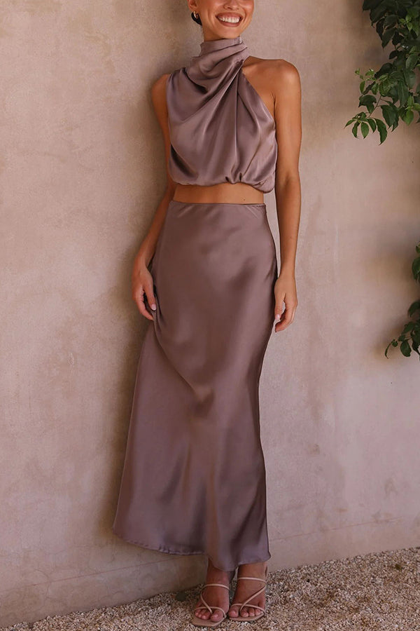 Set Gonna Lunga Donna in Satin Scollo Allacciato