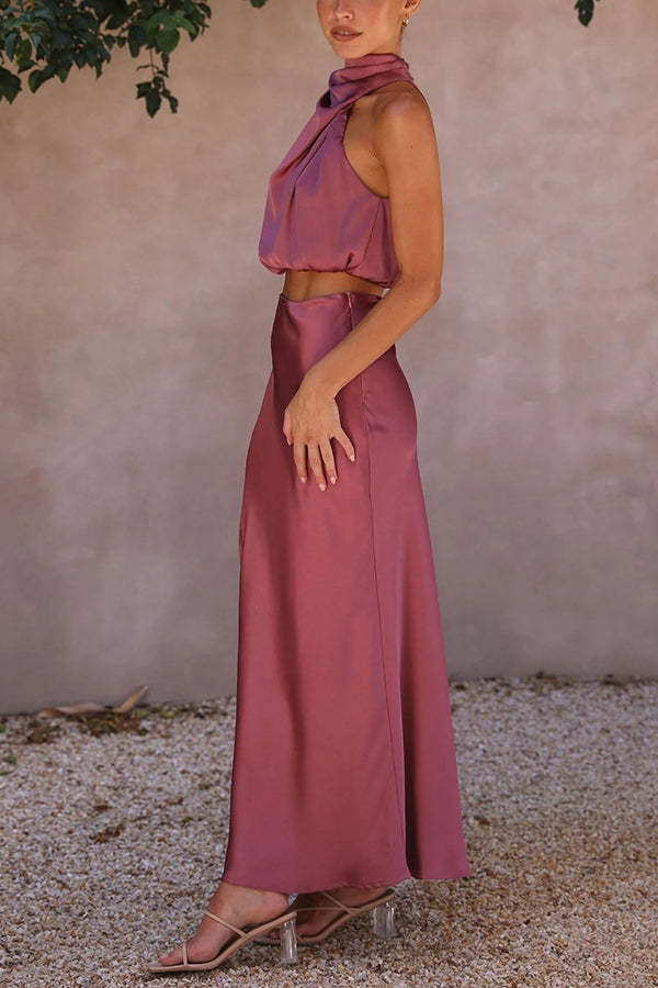 Set Gonna Lunga Donna in Satin Scollo Allacciato