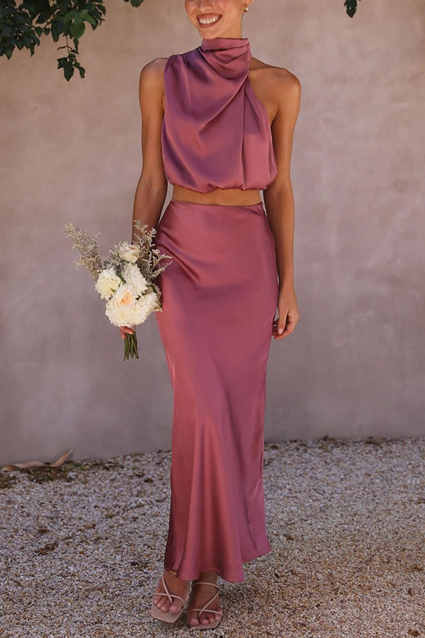 Set Gonna Lunga Donna in Satin Scollo Allacciato