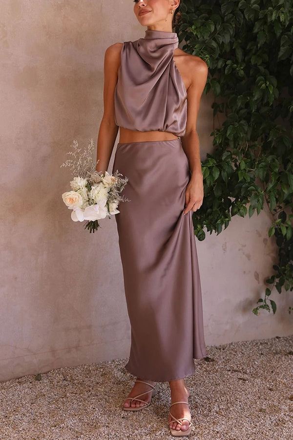 Set Gonna Lunga Donna in Satin Scollo Allacciato