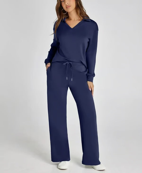 Completo Donna Maglione Scollo a V e Pantaloni Larghi Comodo Autunno